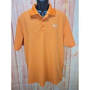 Under Armour HeatGear Mens Polo Shirt Large Orange Striped Athletic Fit